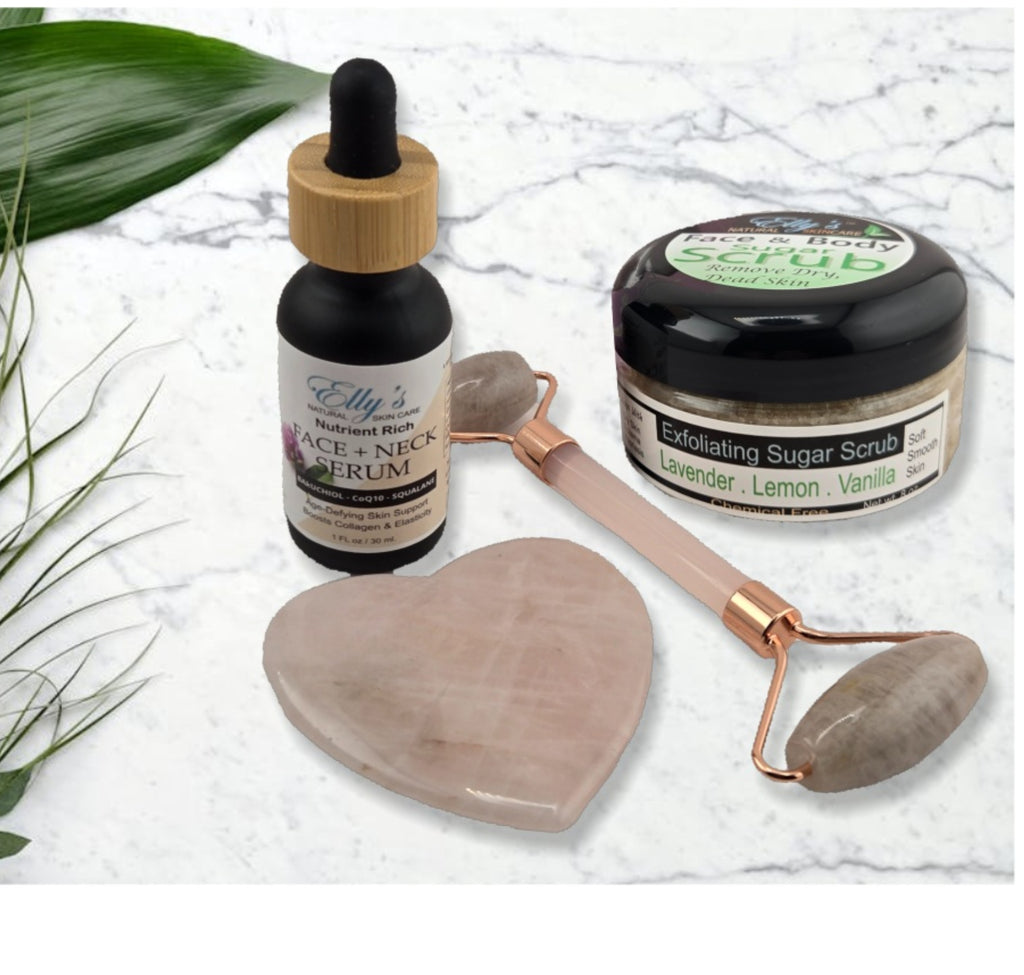 Face, Neck & Chest Set: Serum + Scrub + Gua Sha + Roller
