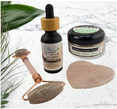 Face, Neck & Chest Set: Serum + Scrub + Gua Sha + Roller